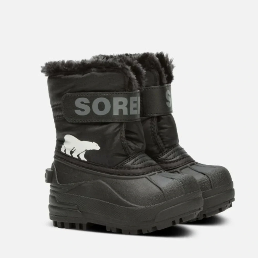 Sorel Kids Black Winter Boots with Cream Bear Accent